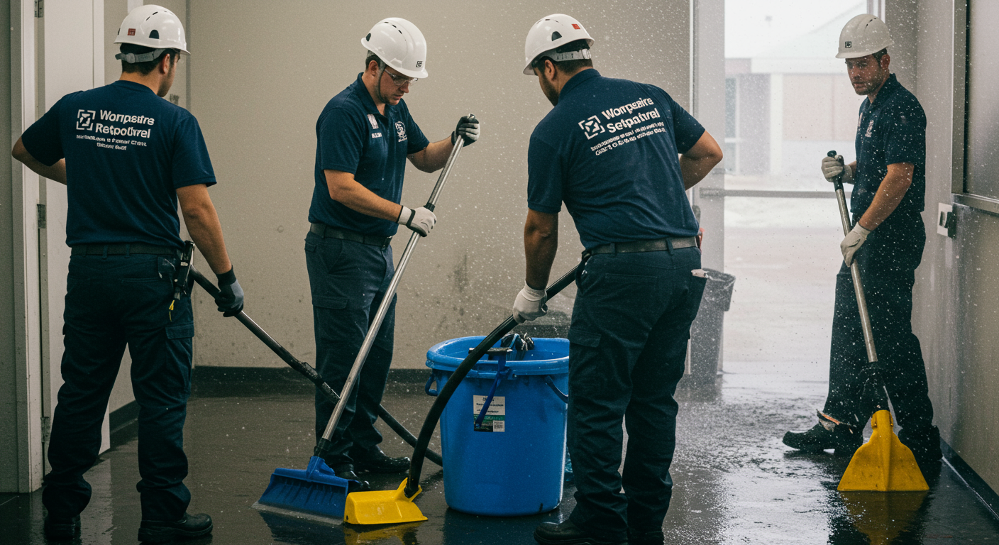 A team of water damage restoration professionals in action, working together to remove water from a commercial space. The image captures teamwork and efficiency.