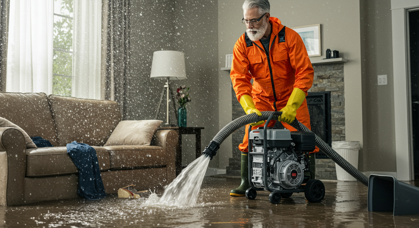 A professional water damage restoration technician in action, using advanced equipment to extract water from a flooded living room.