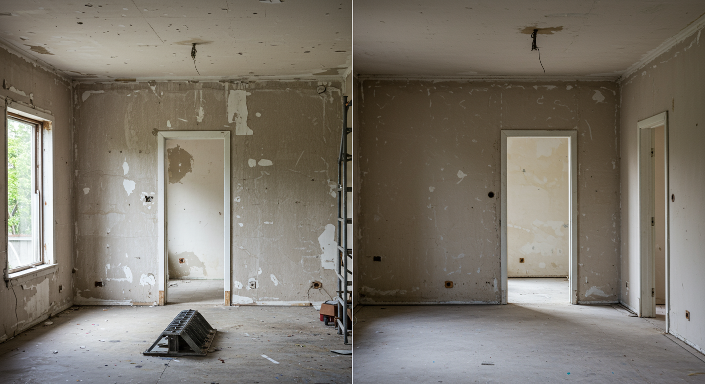 A before-and-after visual of a home undergoing asbestos removal, showing the transformation from a potentially hazardous environment to a safe, clean space.