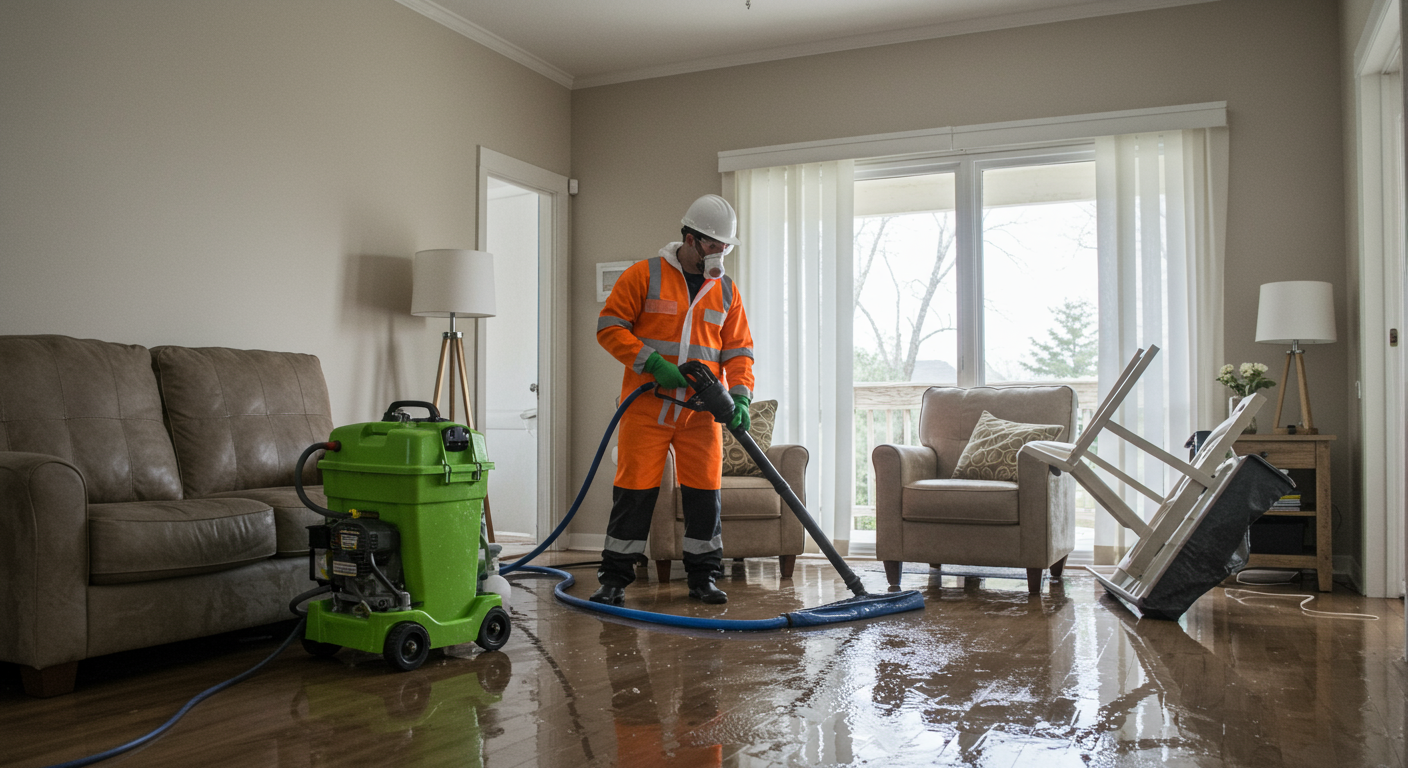 A technician in safety gear using a powerful water extraction machine in a flooded living room, with water pooling on the floor and furniture being moved to safety.