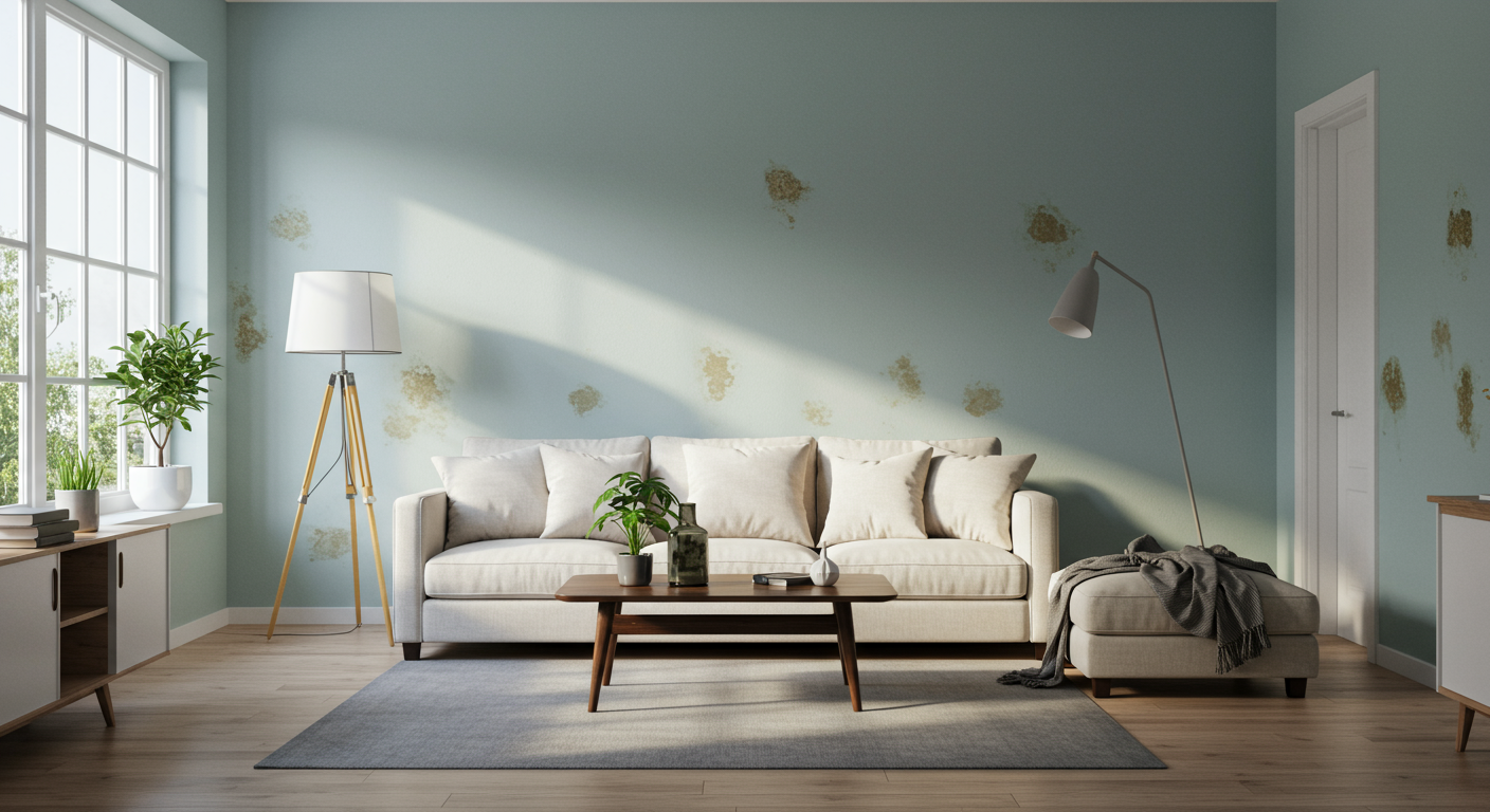 A serene image of a clean, mold-free living room with bright natural light streaming in, showcasing a healthy home environment.