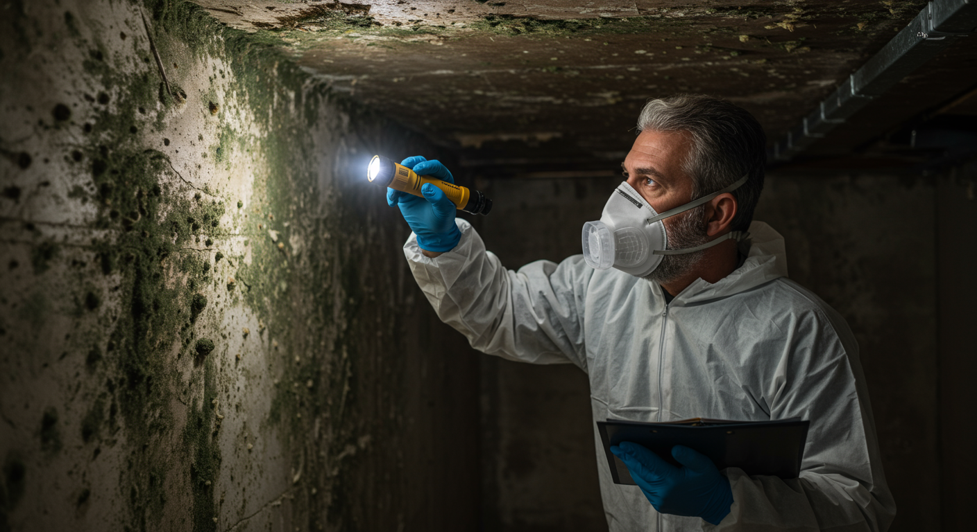 A professional mold inspector examining a residential basement with a flashlight, highlighting visible mold patches on the walls.