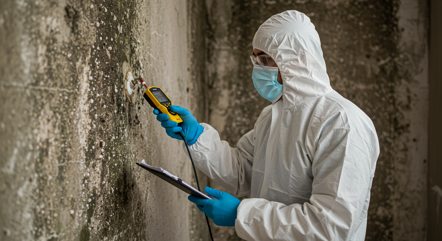 A professional mold inspector in protective gear examining a wall with visible black mold patches. The inspector is using a moisture meter to assess the extent of the mold damage.