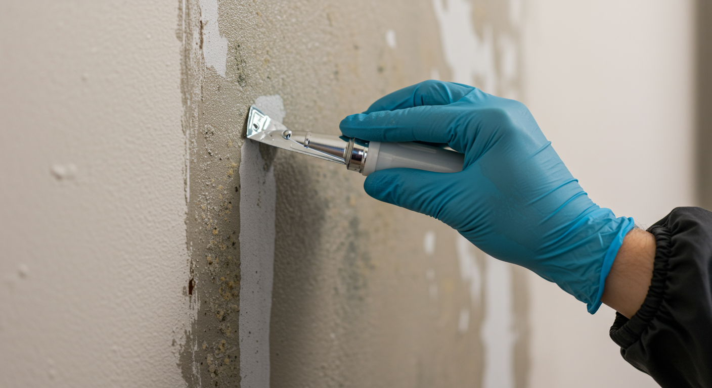 A close-up of a technician applying a mold-resistant treatment to a wall after water damage has been addressed.