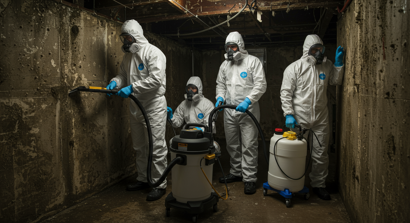 A team of professionals in protective gear working together to remove mold from a basement, demonstrating the remediation process.