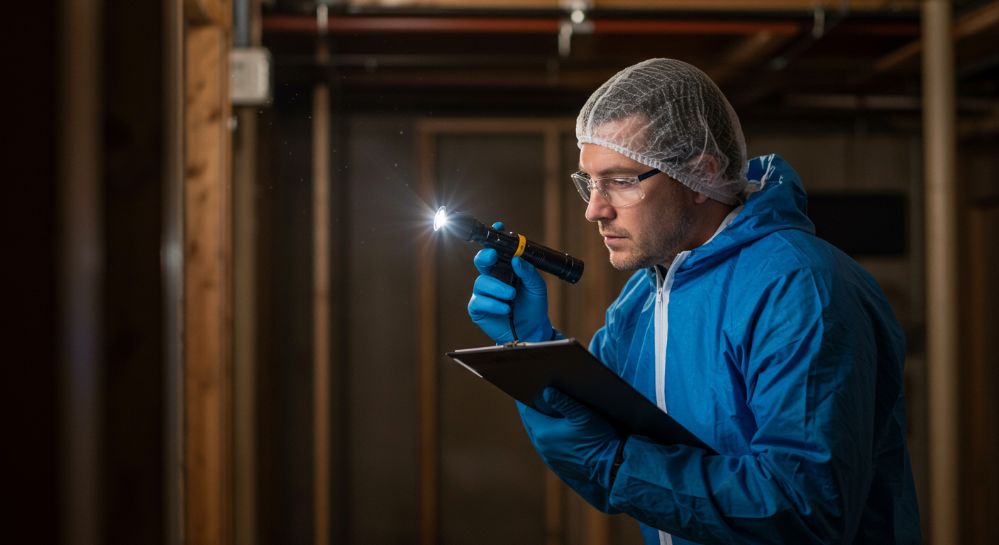 A professional mold inspector examining a residential basement with a flashlight and mold detection equipment. The inspector is focused and wearing protective gear.